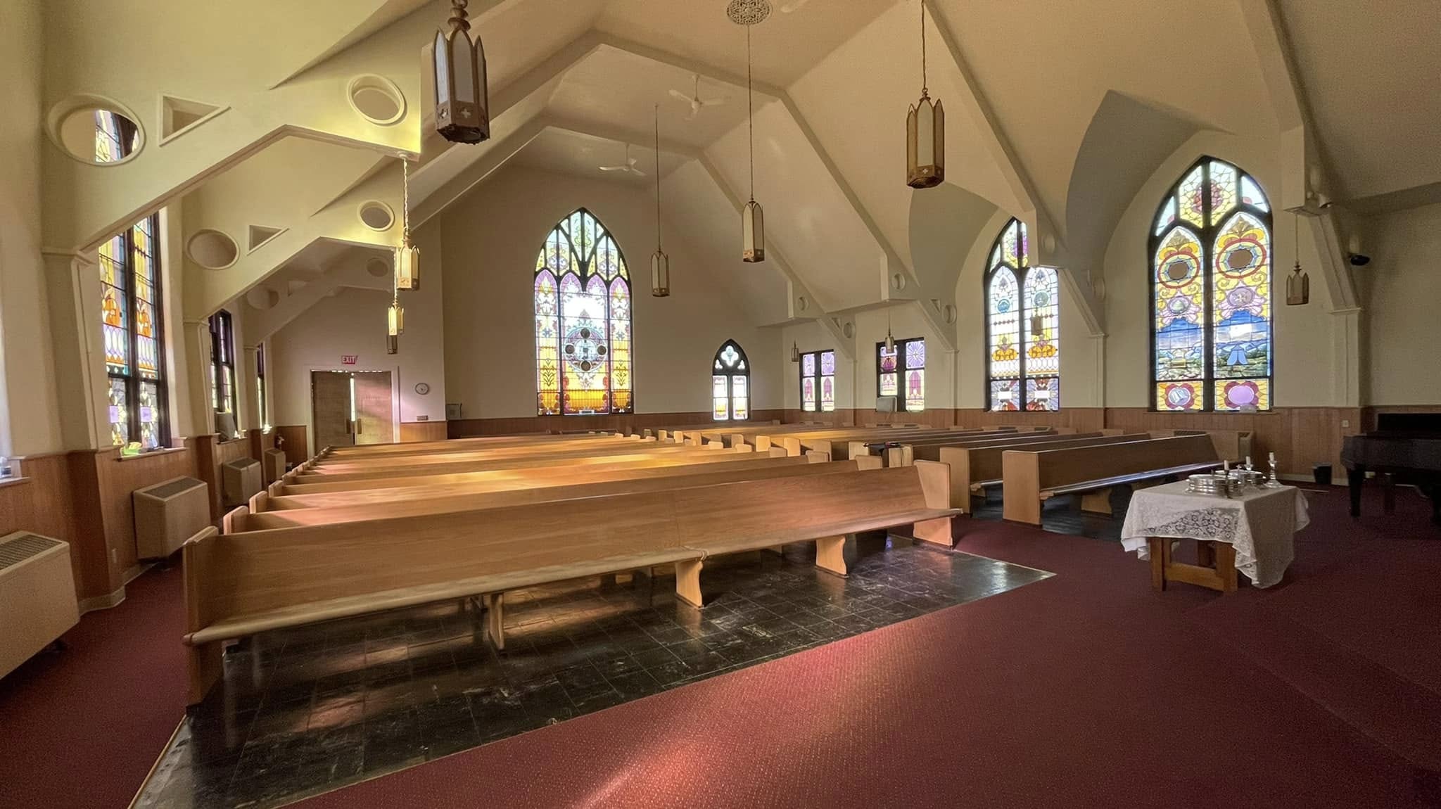 Sanctuary stained glass and vaulted ceiling detail